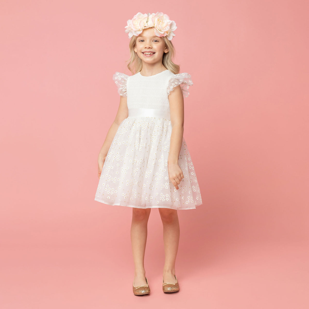 Confetti Smocked Blossom Tulle Girls Occasion Dress, White