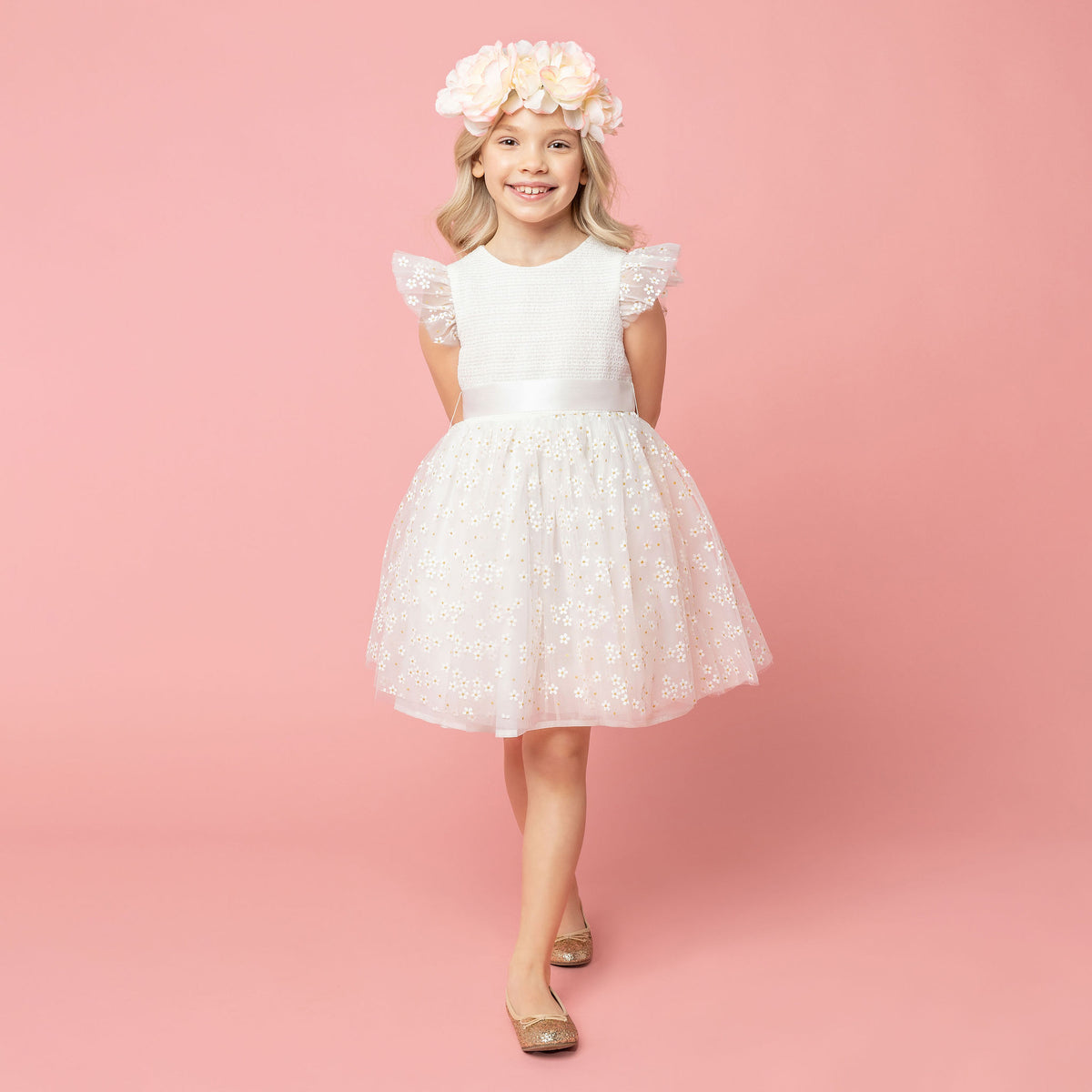 Confetti Smocked Blossom Tulle Girls Occasion Dress, White