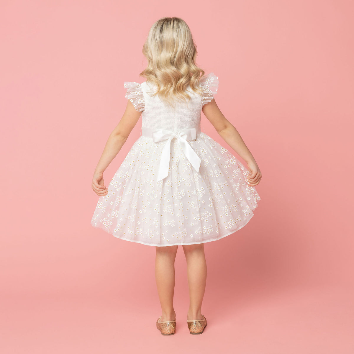 Confetti Smocked Blossom Tulle Girls Occasion Dress, White