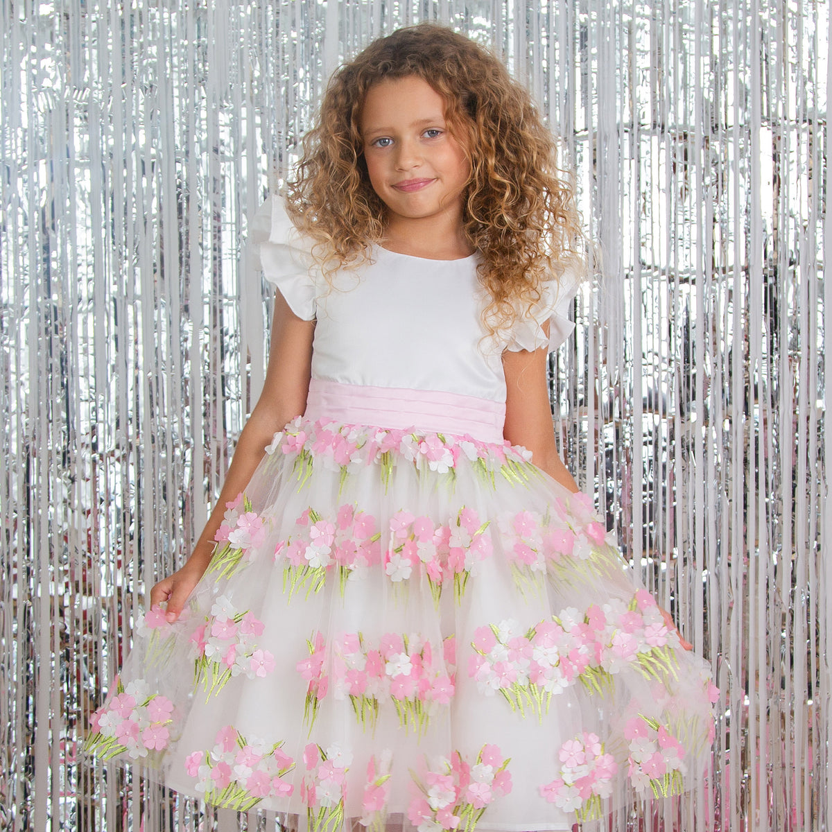 Clemmie Floral Embellished Flower Girl & Occasion Dress, White & Pink