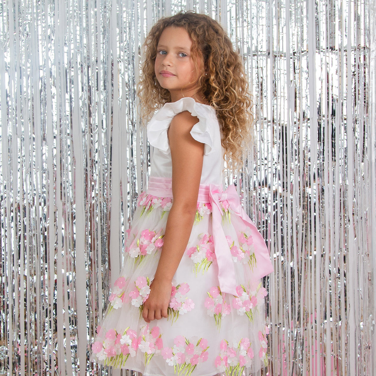 Clemmie Floral Embellished Flower Girl & Occasion Dress, White & Pink