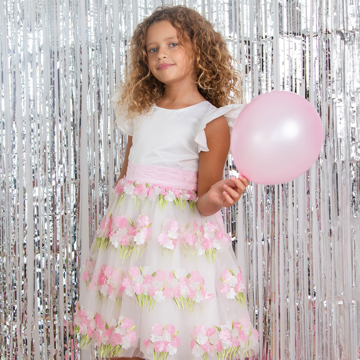 Clemmie Floral Embellished Flower Girl & Occasion Dress, White & Pink