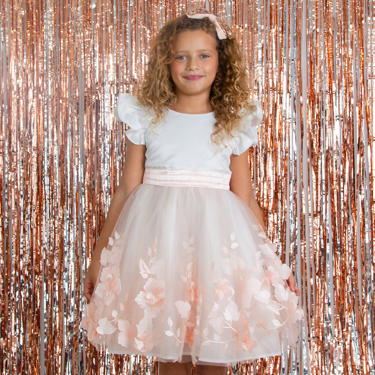 Rose Petal Floral Embellished Flower Girl & Occasion Dress, Pink & White