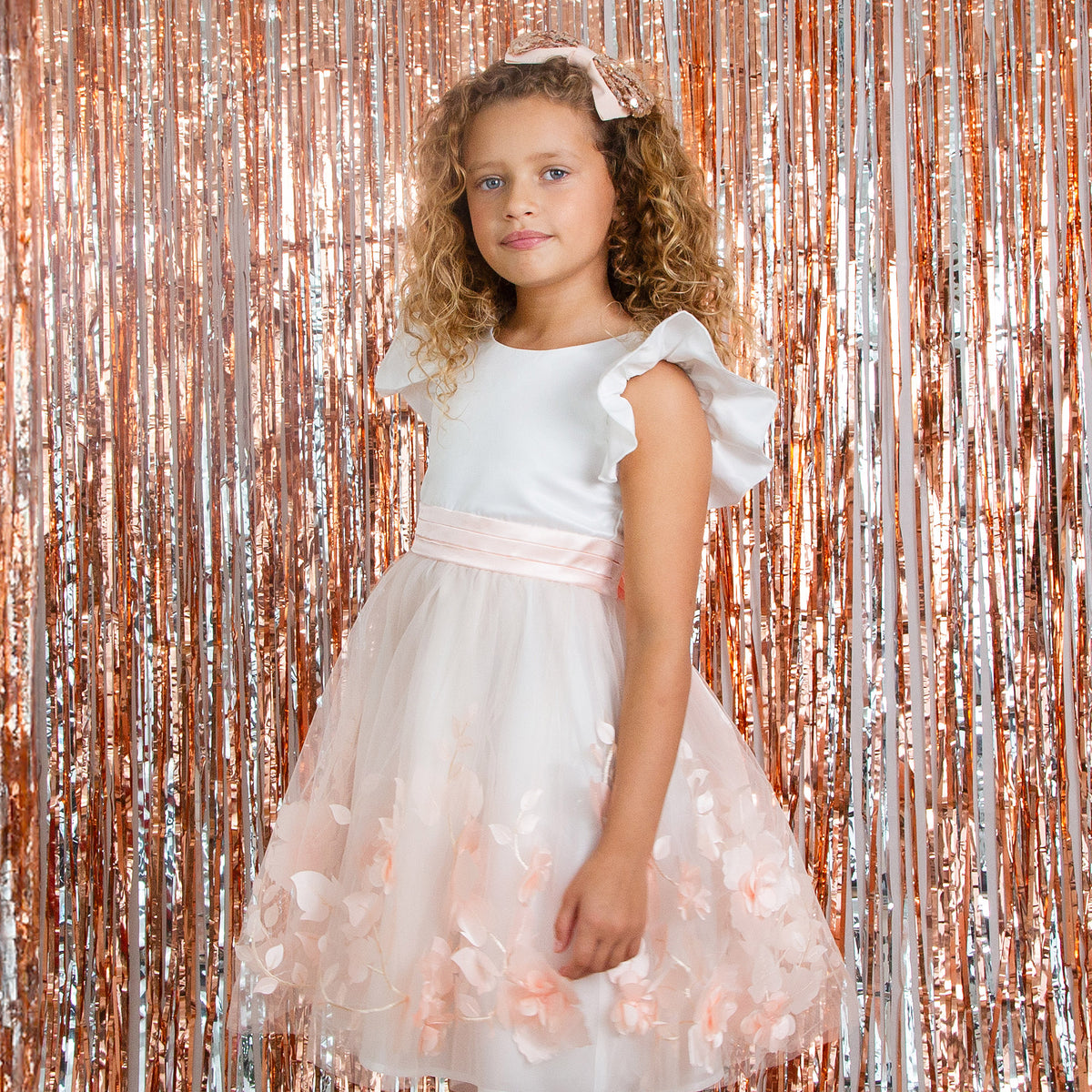 Rose Petal Floral Embellished Flower Girl & Occasion Dress, Pink & White