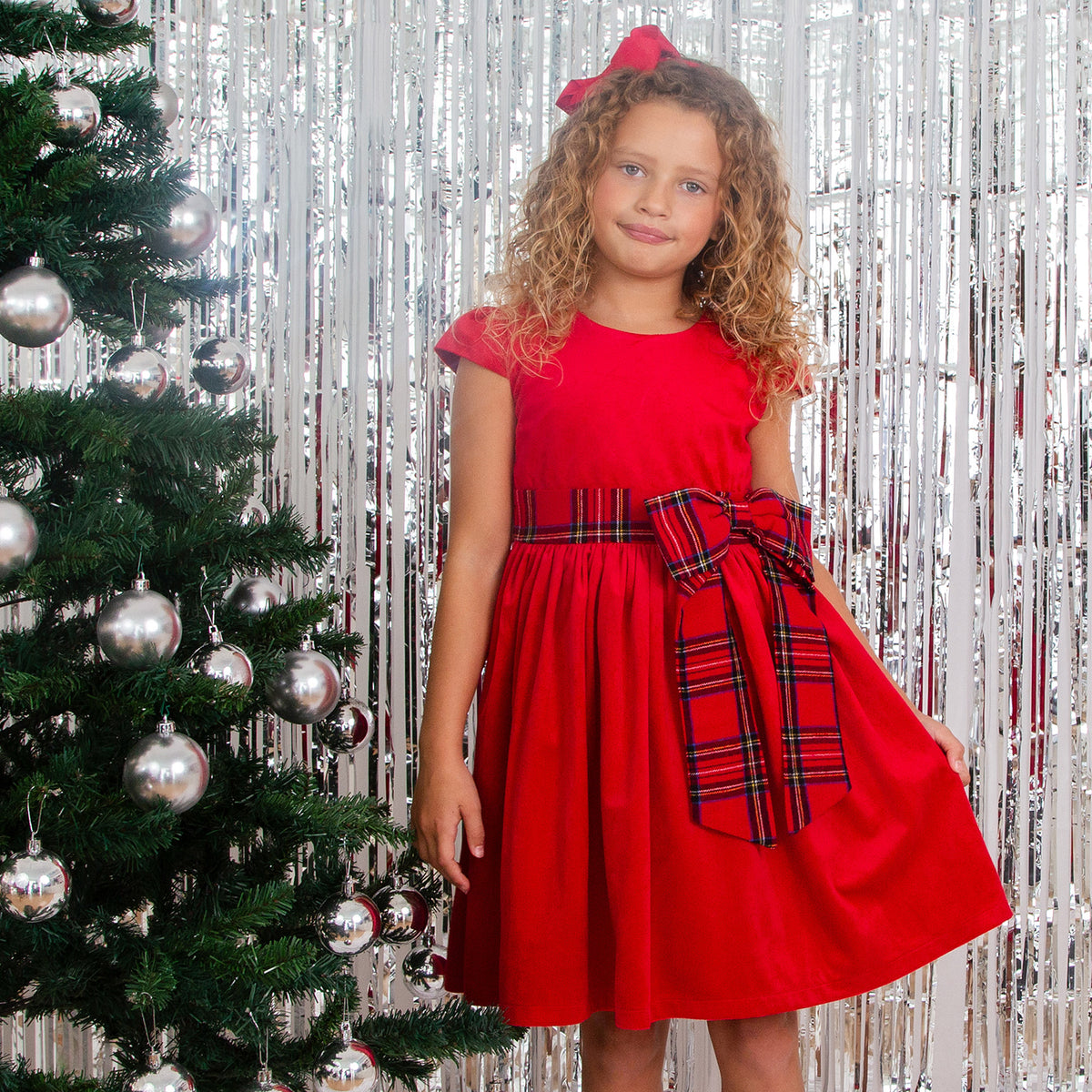 Ailsa Velvet & Plaid Bow Girls Party Dress, Red