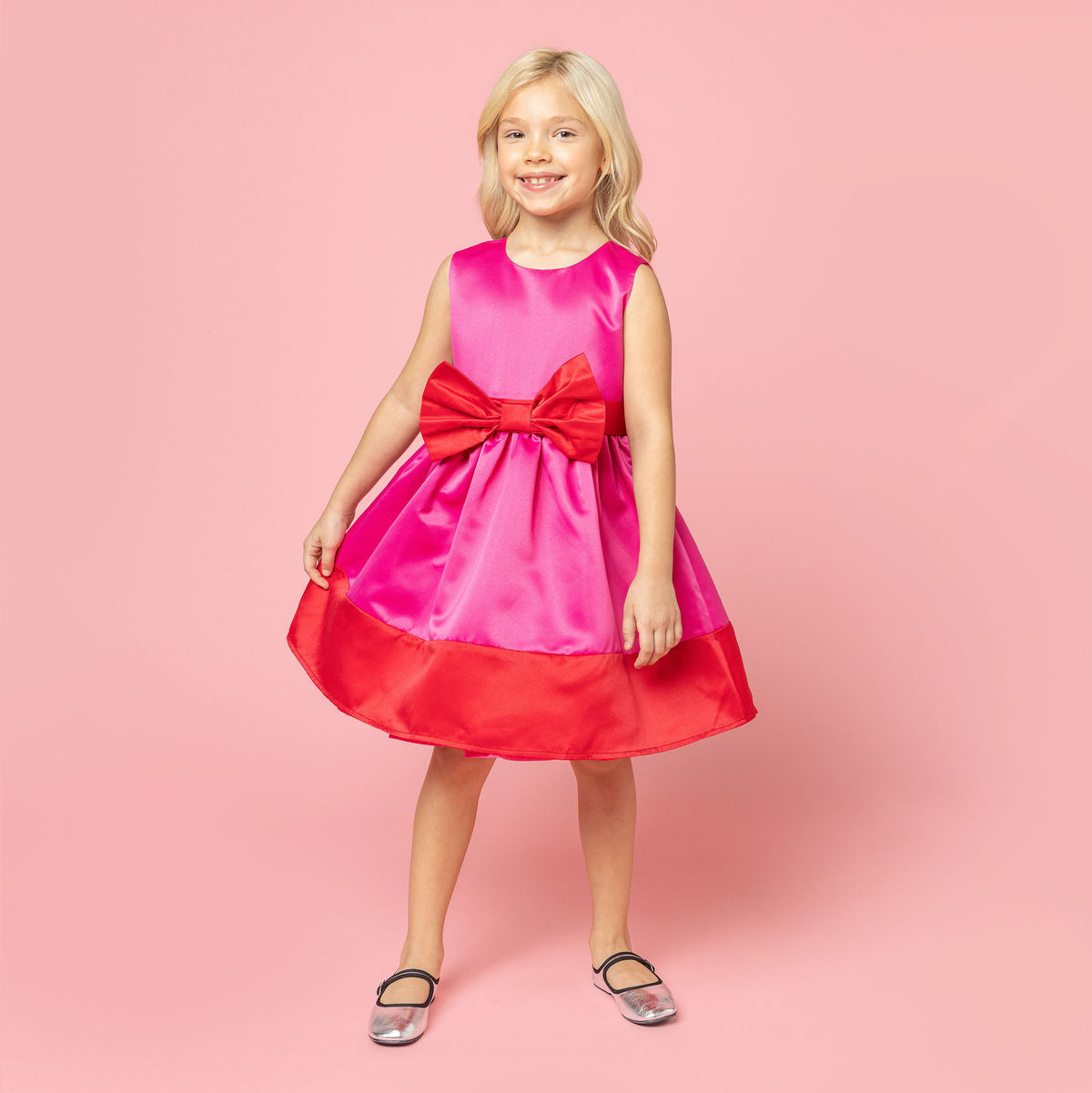 Florence Bow Satin Baby Party Dress, Pink & Red