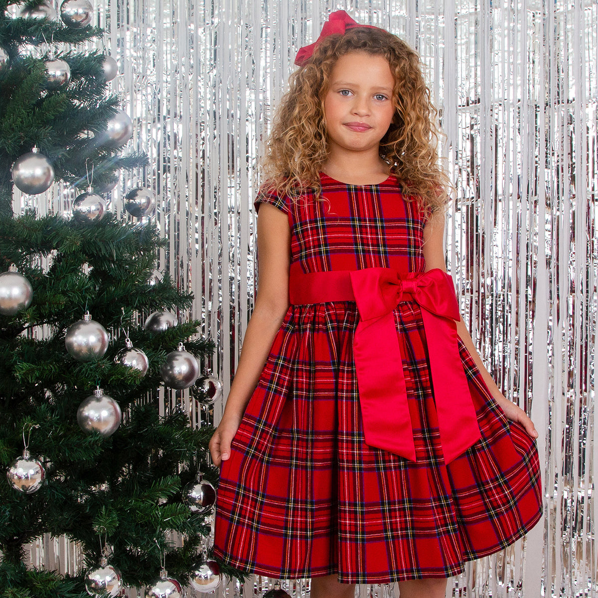 Jessie Plaid & Satin Bow Girls Party Dress, Red