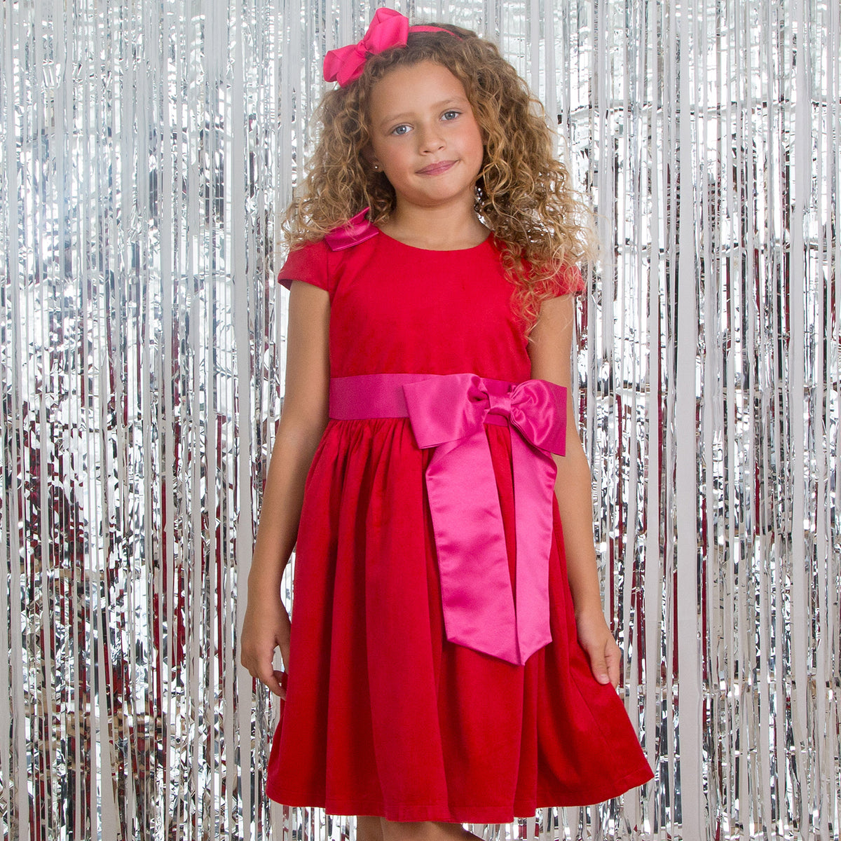 Rosie Velvet & Satin Bow Girls Party Dress, Red & Pink