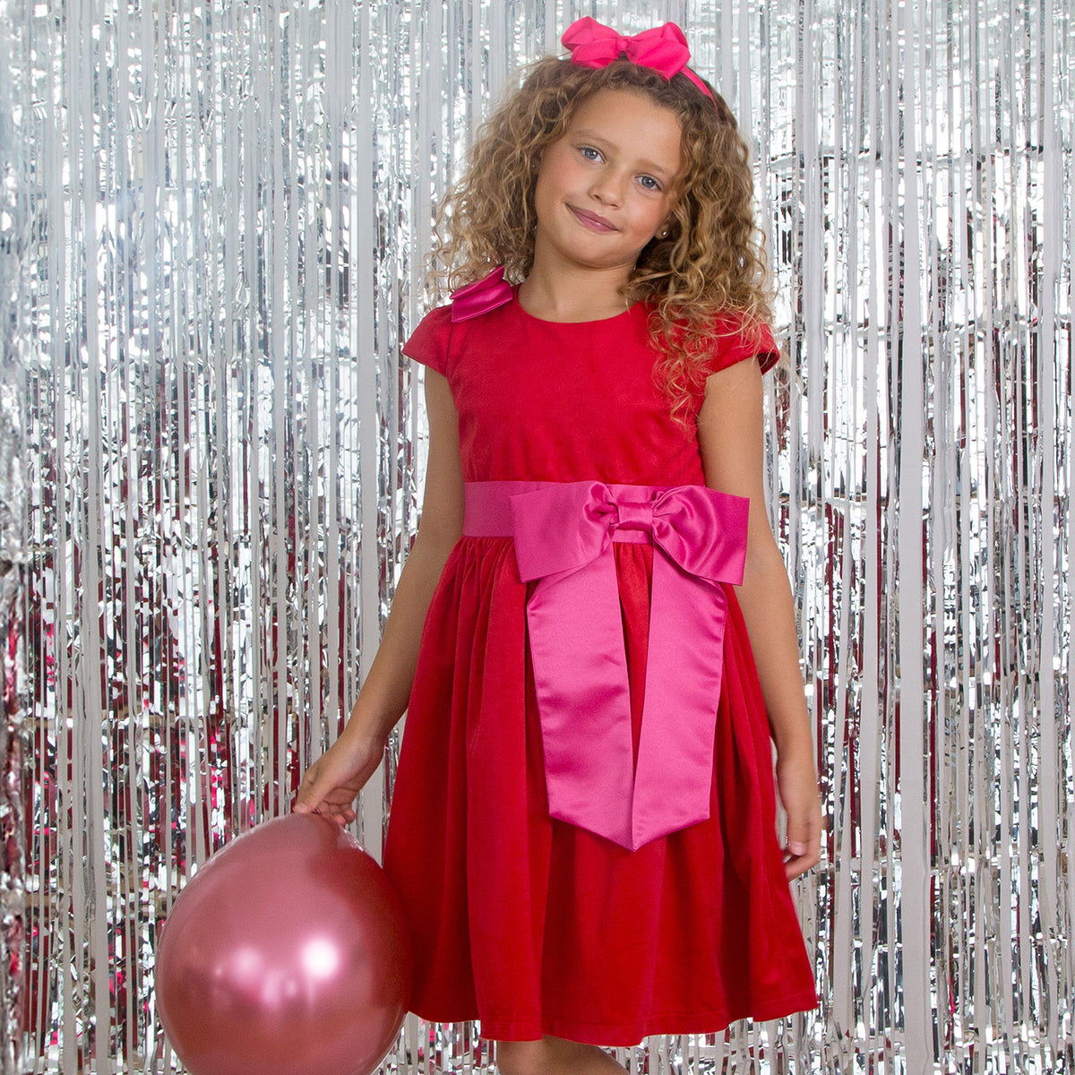 Rosie Velvet & Satin Bow Girls Party Dress, Red & Pink