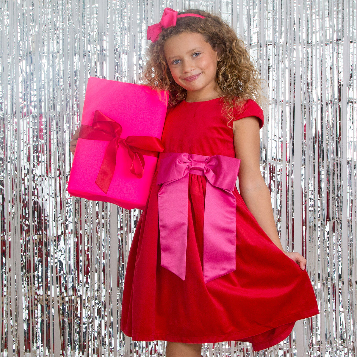 Rosie Velvet & Satin Bow Girls Party Dress, Red & Pink