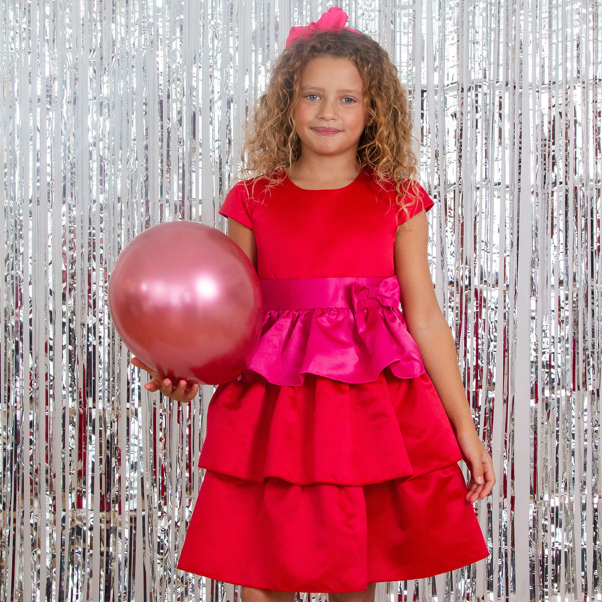 Ruby Frill Satin Girls Party Dress, Red & Pink