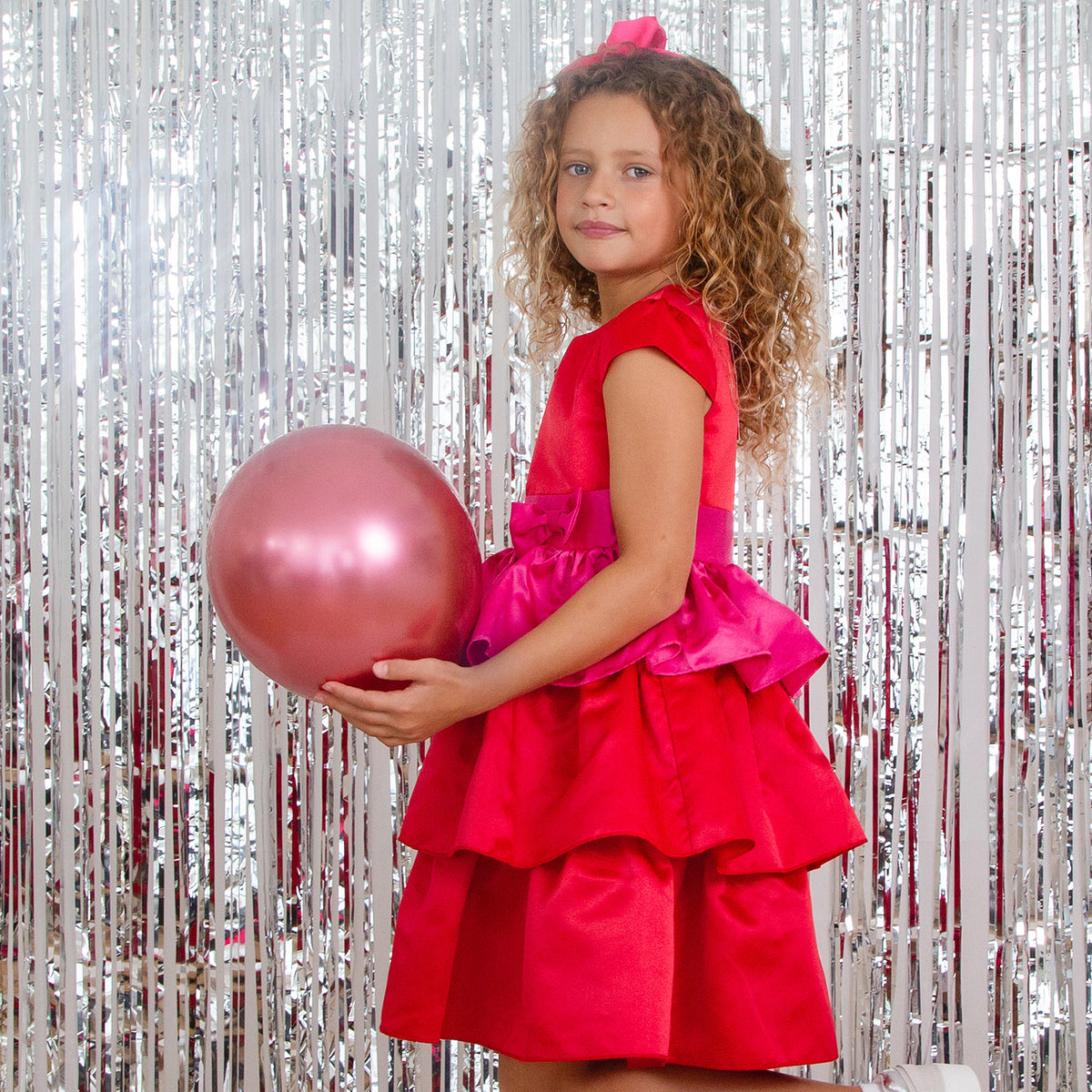 Ruby Frill Satin Girls Party Dress, Red & Pink