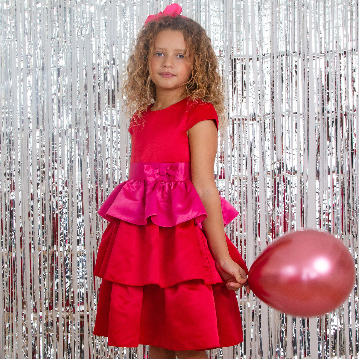 Ruby Frill Satin Girls Party Dress, Red & Pink