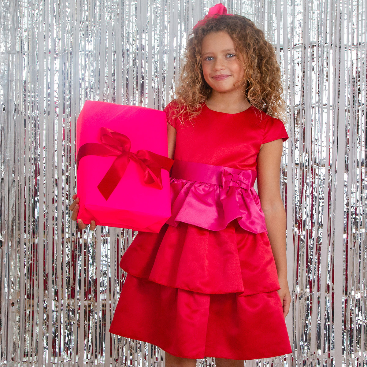 Ruby Frill Satin Girls Party Dress, Red & Pink