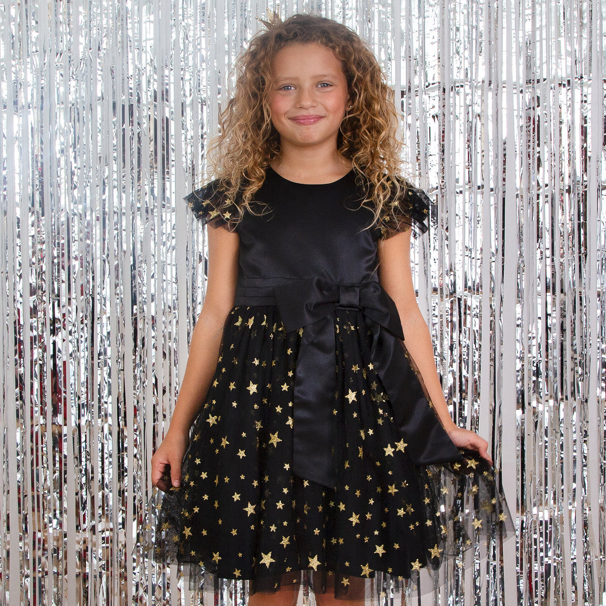 Stella Satin & Gold Star Girls Party Dress, Black & Gold