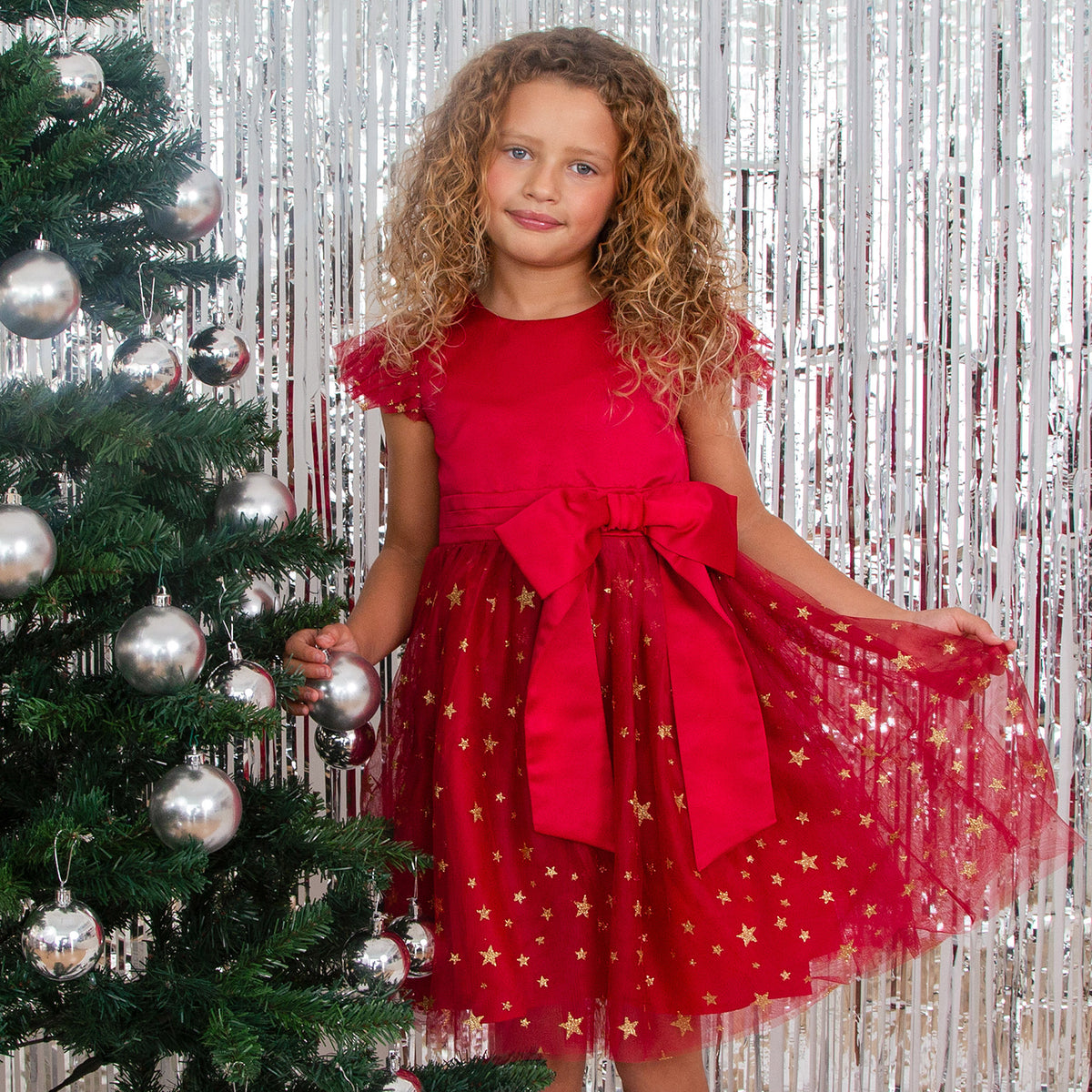 Stella Satin & Gold Star Girls Party Dress, Red