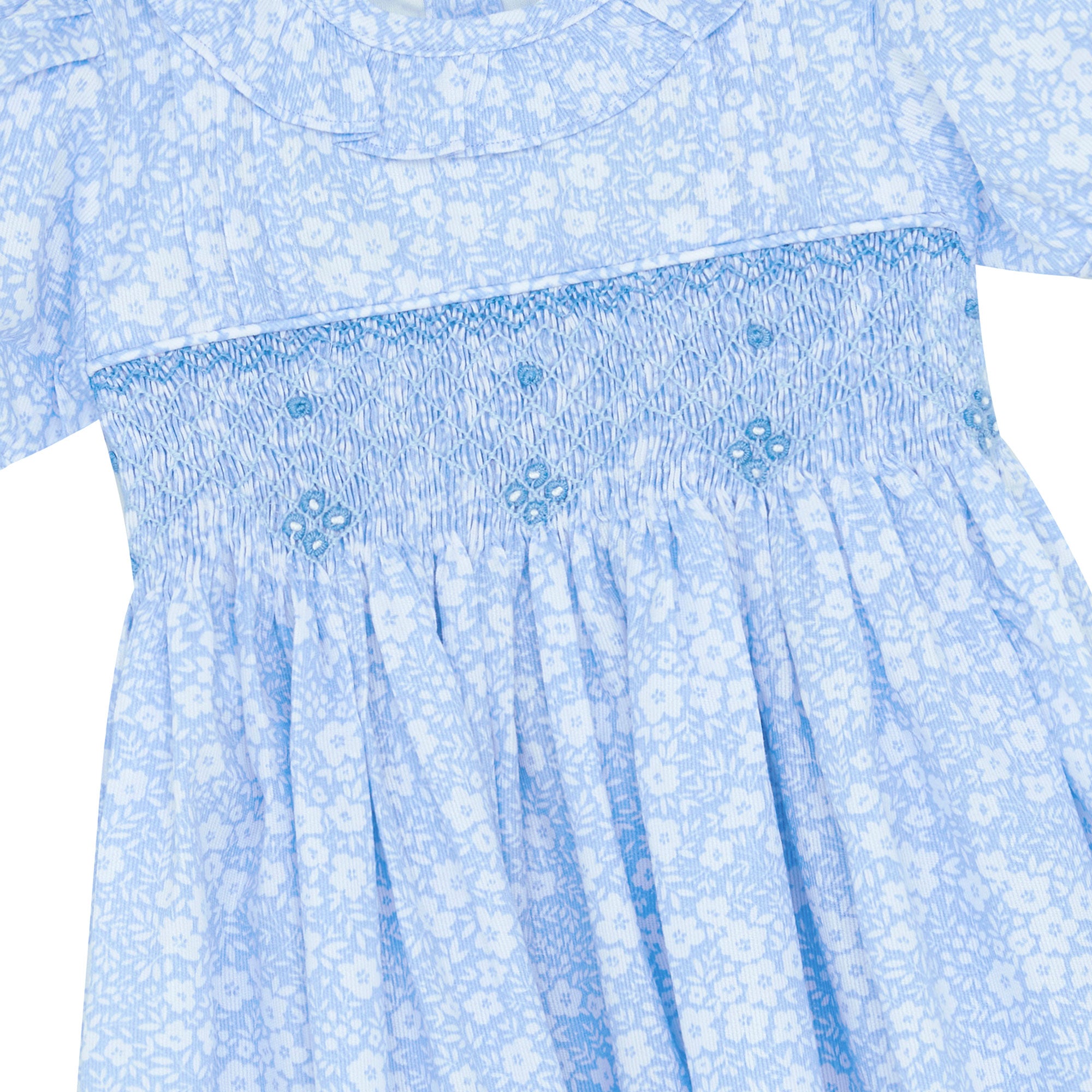 Little Princess Alice Hand Smocked Embroidered Floral Cotton Girls Dress Blue