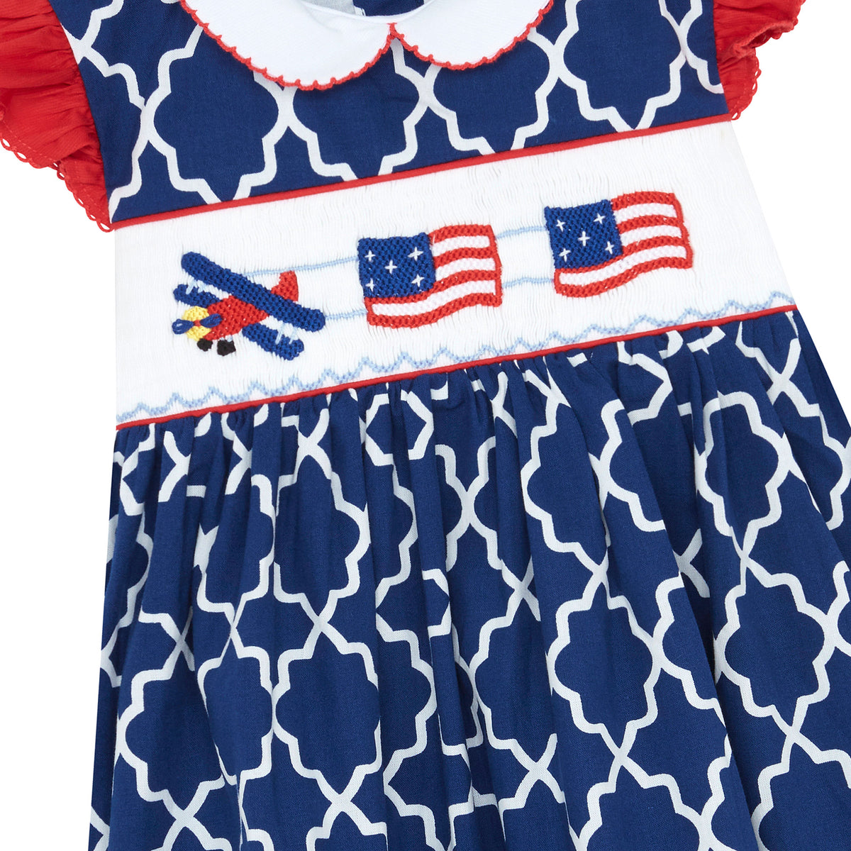 Little Princess Aurora Hand Smocked Embroidered Flags Cotton Baby Dress Navy Red White | Holly Hastie London