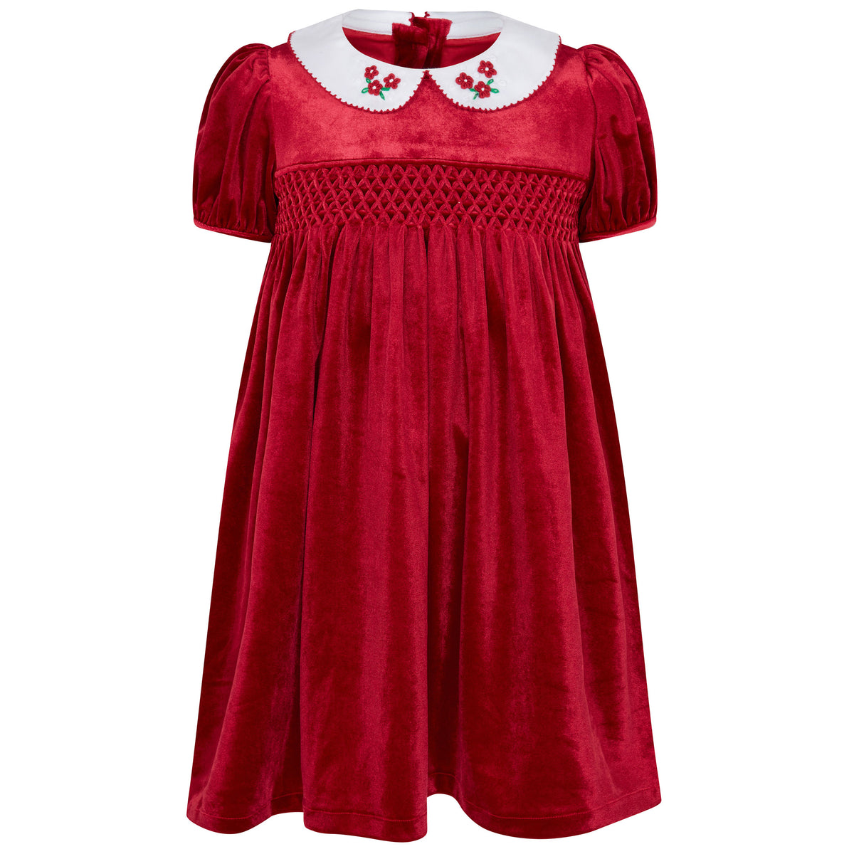 Little Princess Cherry Hand Smocked Velvet Baby Dress Red | Holly Hastie London