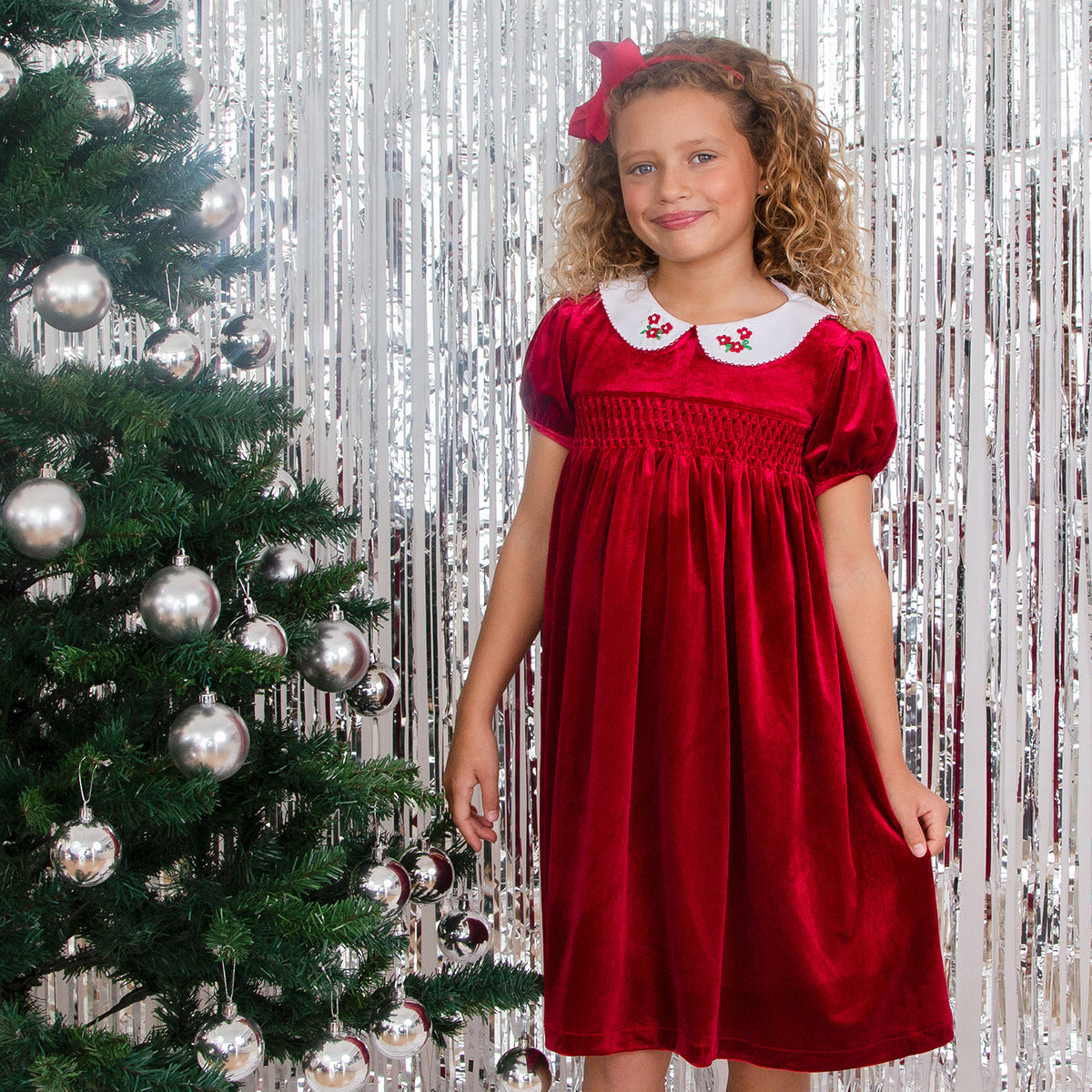 Princess Cherry Hand Smocked Velvet Girls Dress, Red