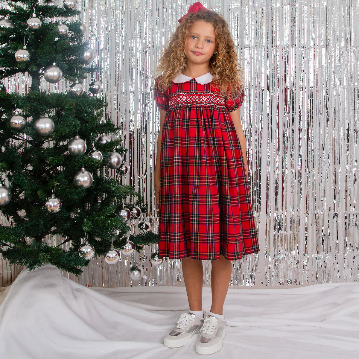 Little Princess Lana Hand Smocked Plaid Baby Dress, Red