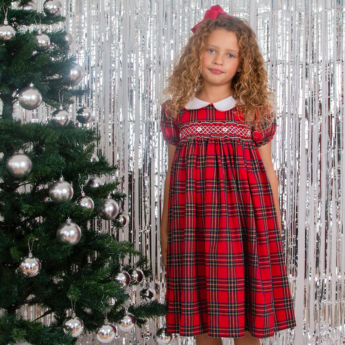 Little Princess Lana Hand Smocked Plaid Baby Dress, Red