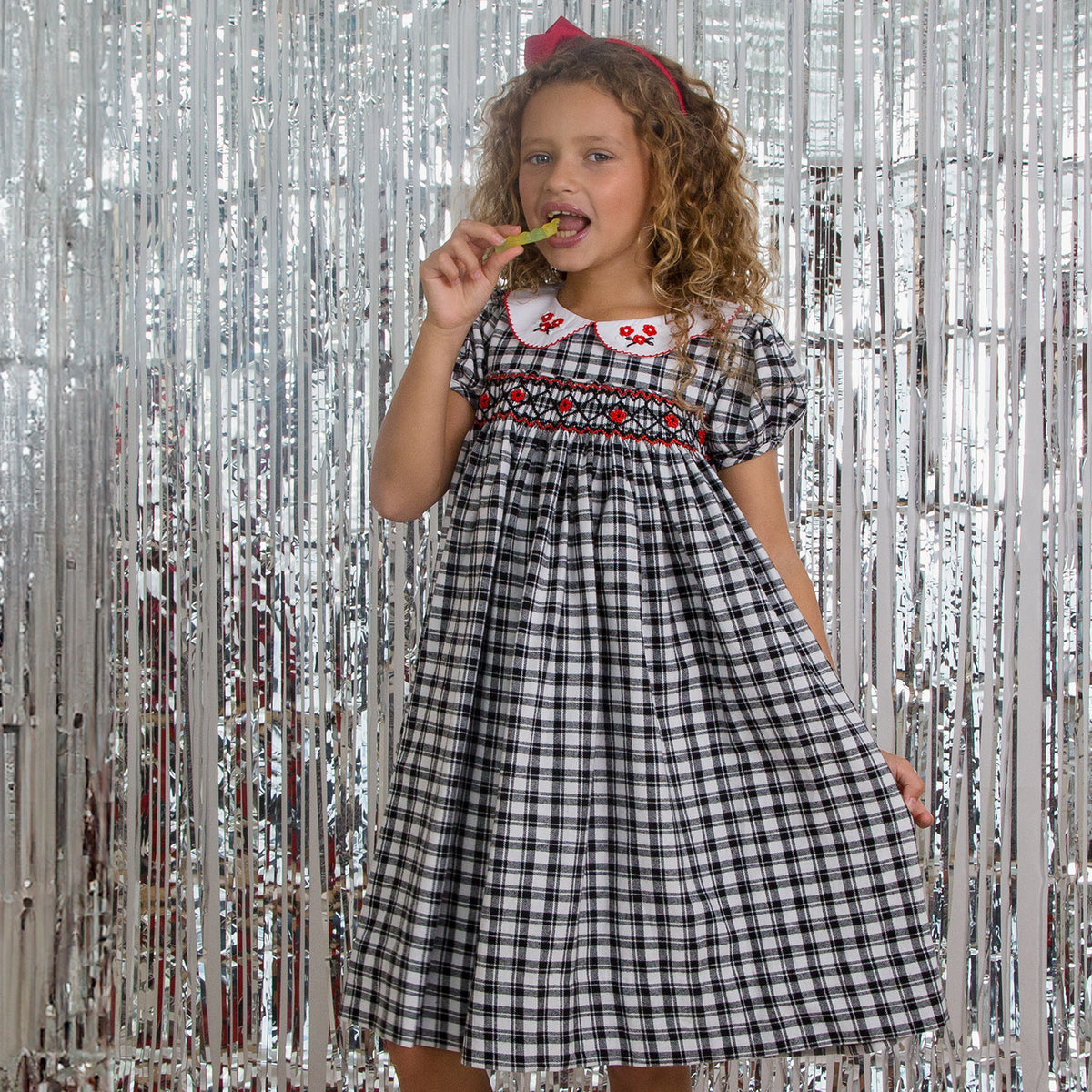 Little Princess Layla Hand Smocked & Embroidered Check Baby Dress, Black & White