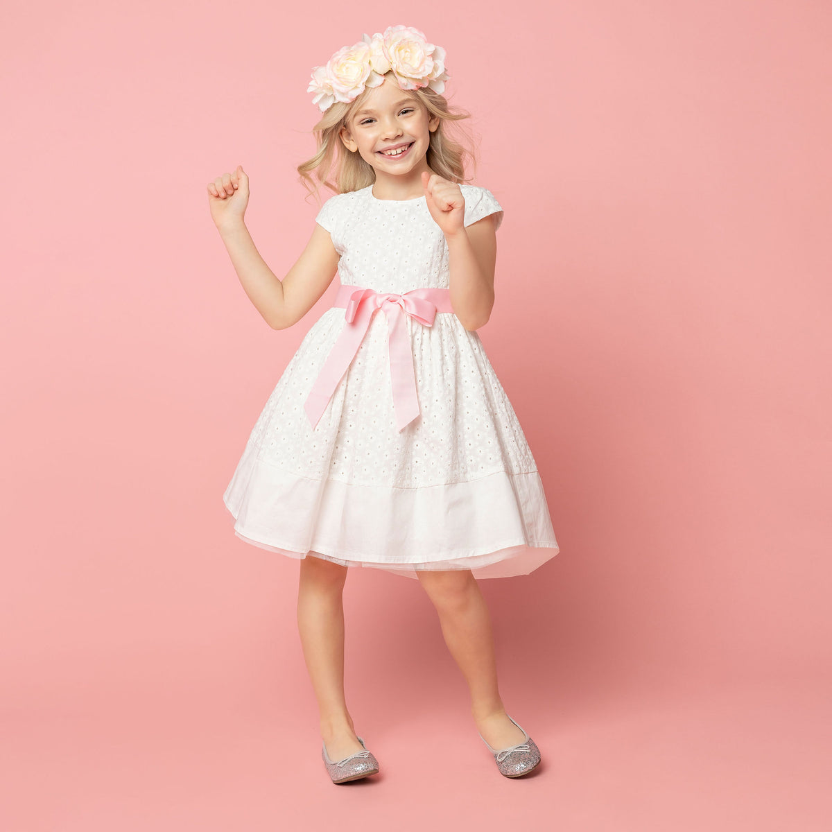 Grace Embroidered Cotton Flower Girls Dress, White & Pink | Holly Hastie London