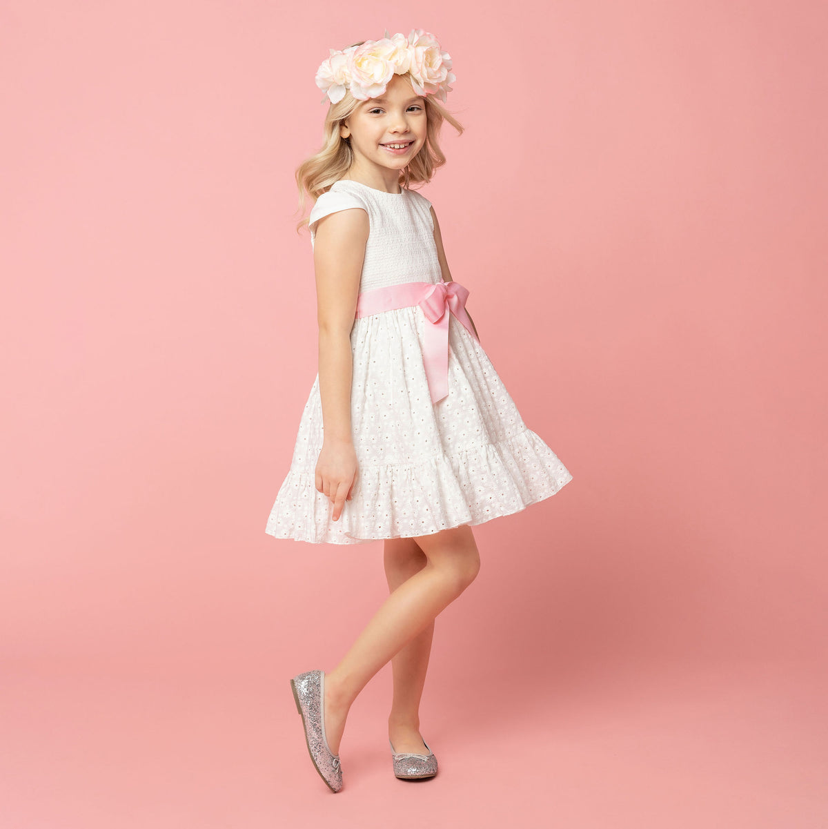 Olivia Embroidered Cotton Flower Girls Dress, White & Pink| Holly Hastie London