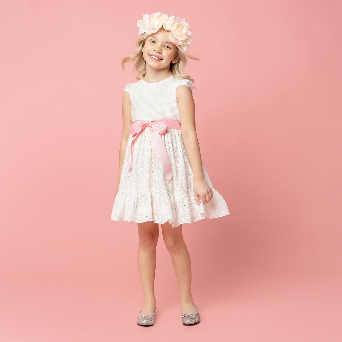 Olivia Embroidered Cotton Flower Girls Dress, White & Pink| Holly Hastie London