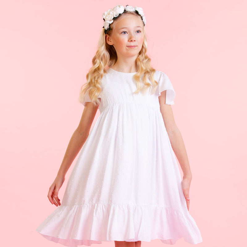 Girls Designer Poppy White Cotton Dobby Party Dress | Holly Hastie London 