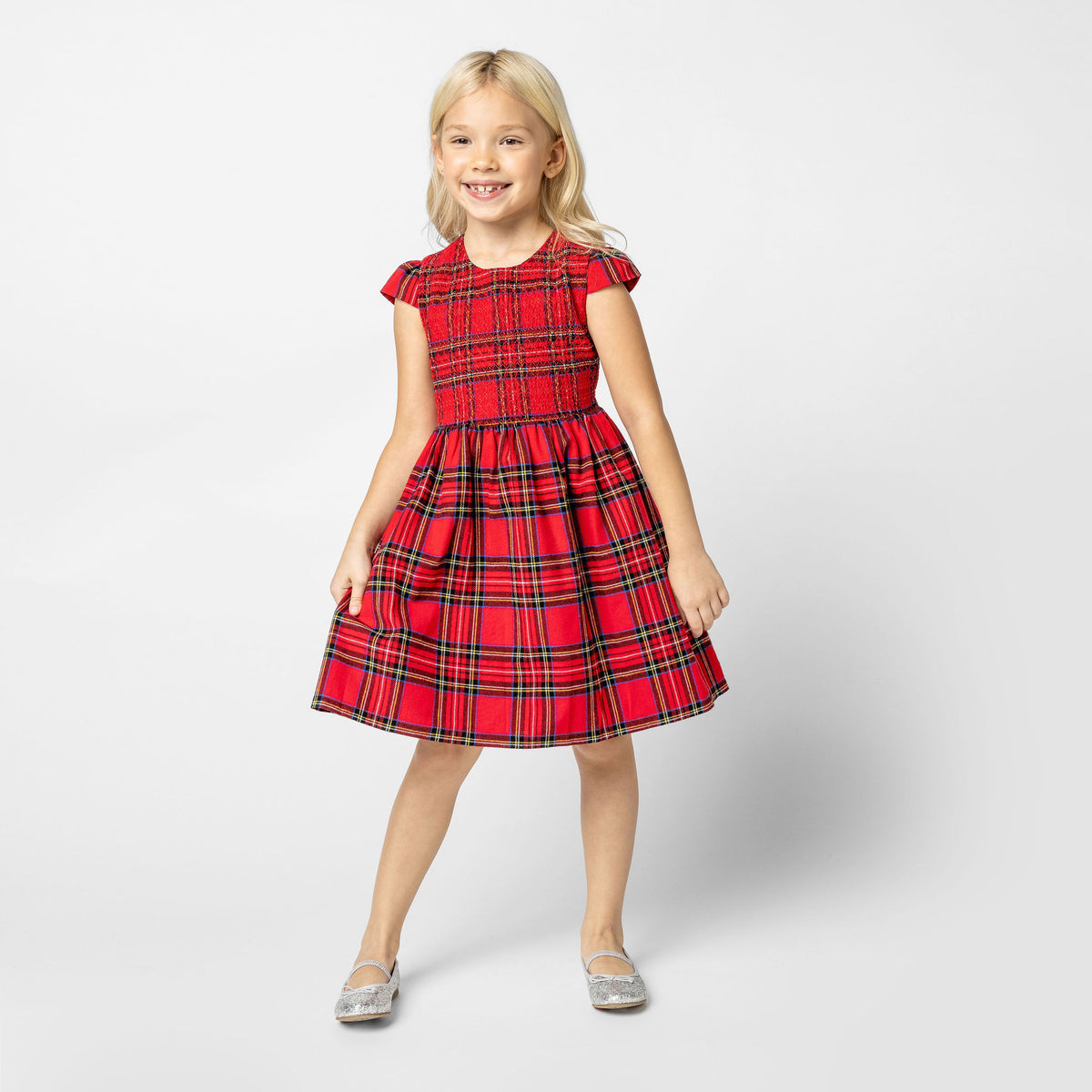 Bonnie Smocked Plaid Tartan Girls Party Dress, Red