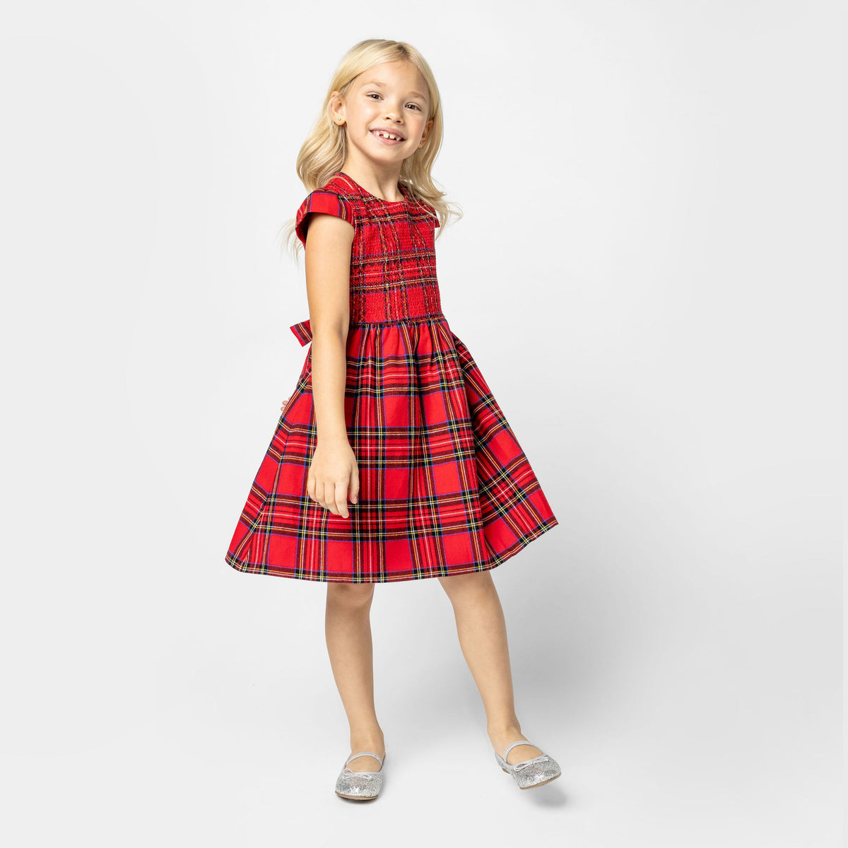 Bonnie Smocked Plaid Tartan Girls Party Dress, Red