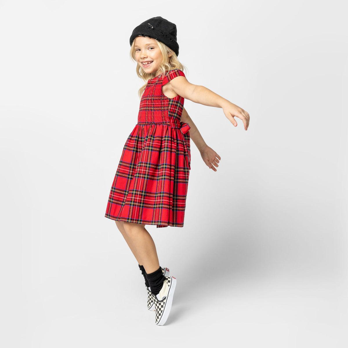 Bonnie Smocked Plaid Tartan Girls Party Dress, Red